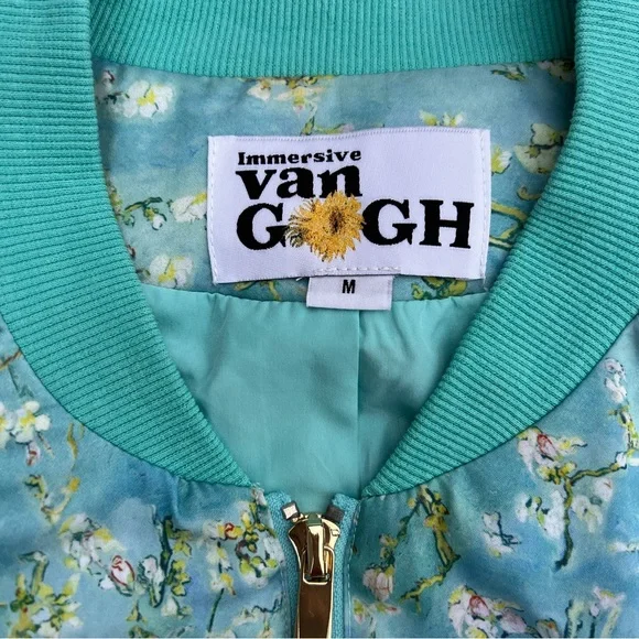 Immersive Van Gogh Cherry Blossom Turquoise Satin Floral Bomber Jacket NWOT - Picture 3 of 8